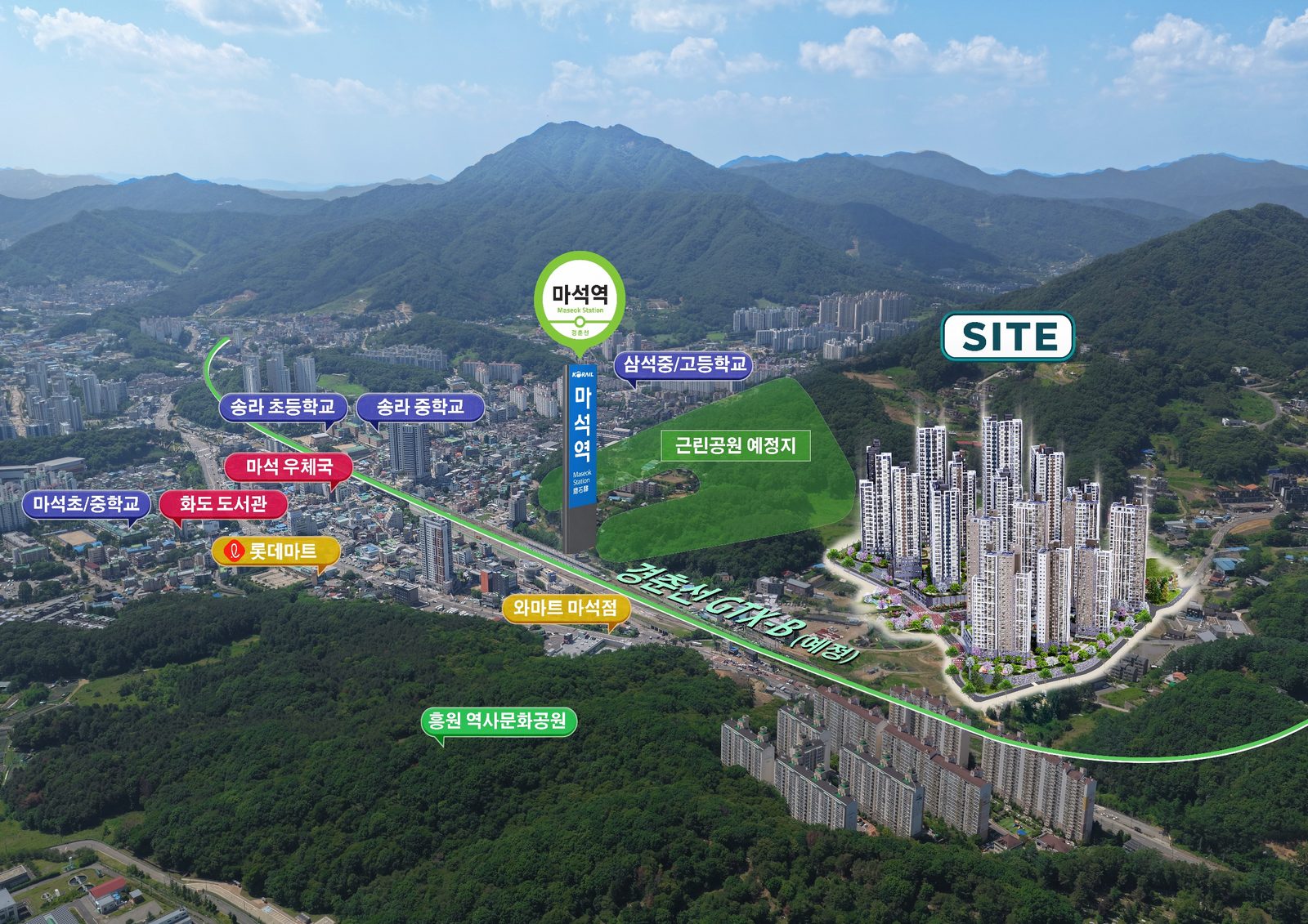 마석역 더리브 센트럴 광역 입지 - 경춘선 마석역, 학교, 마트, 근린공원 예정지